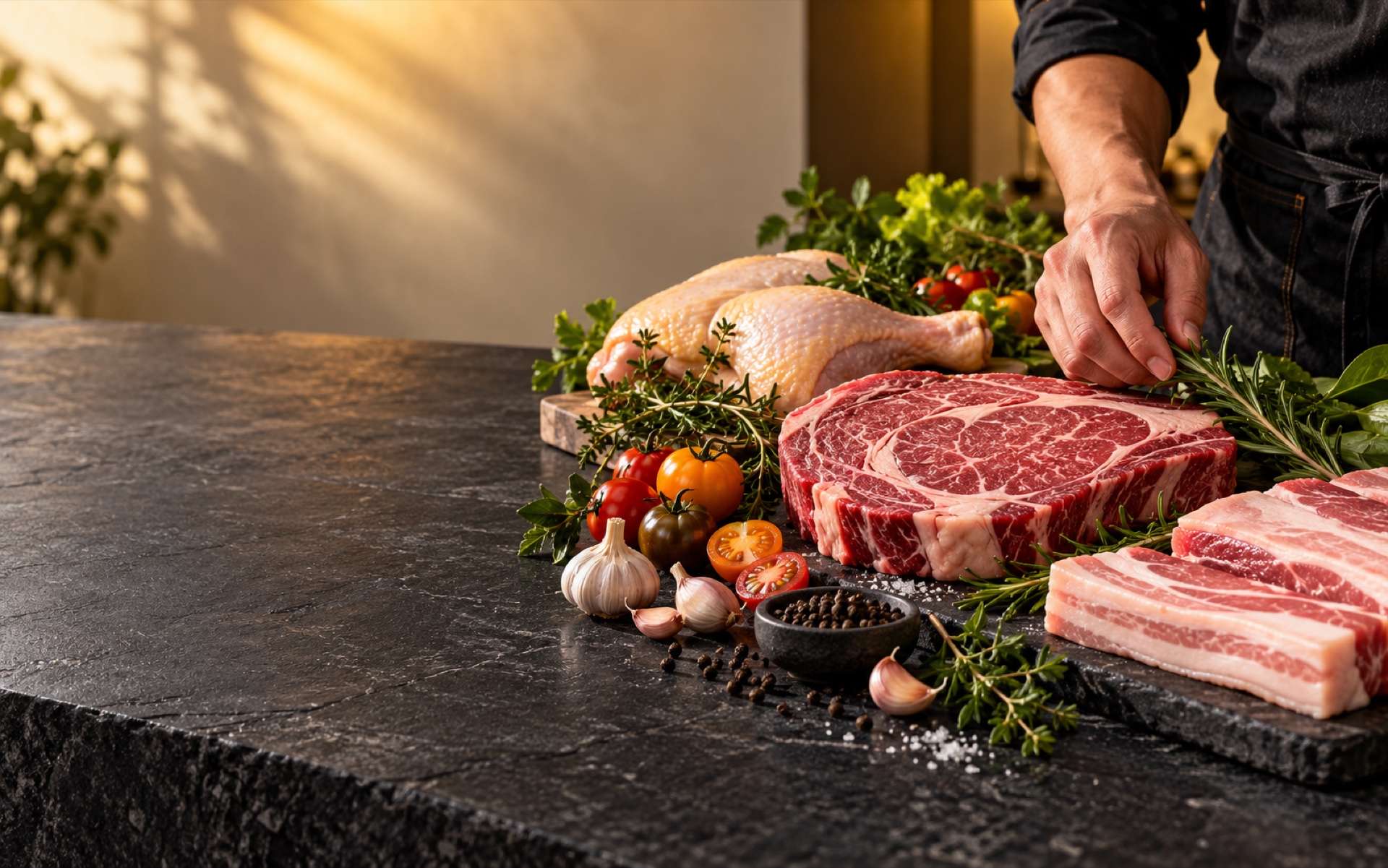 Premium fresh meat and produce prepared at a modern butcher counter