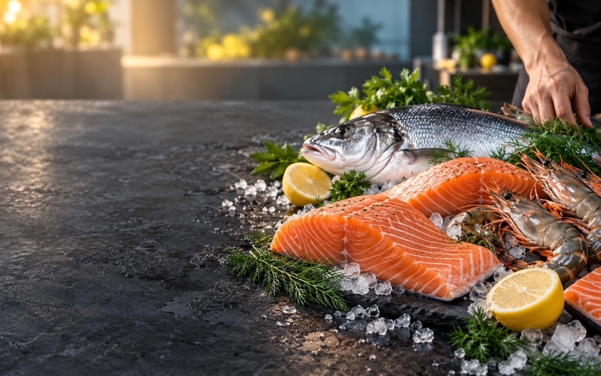 Fresh salmon, ocean fish and prawns at a premium seafood counter