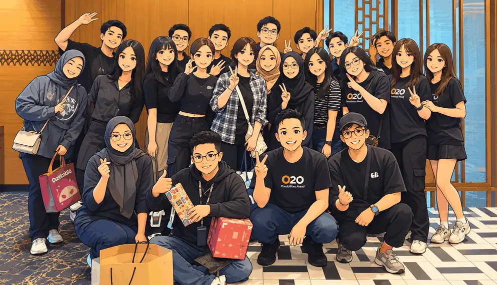 O2O eCommerce team photo, animating from a cartoon illustration into the real photo of more than twenty colleagues